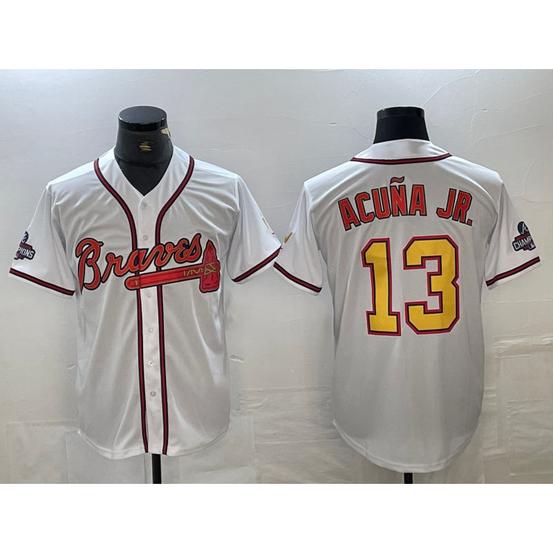 Rebec Atlanta Braves #13 Ronald Acuna Jr White Gold  2021 World Series Champions Stitched Cool Base Jersey