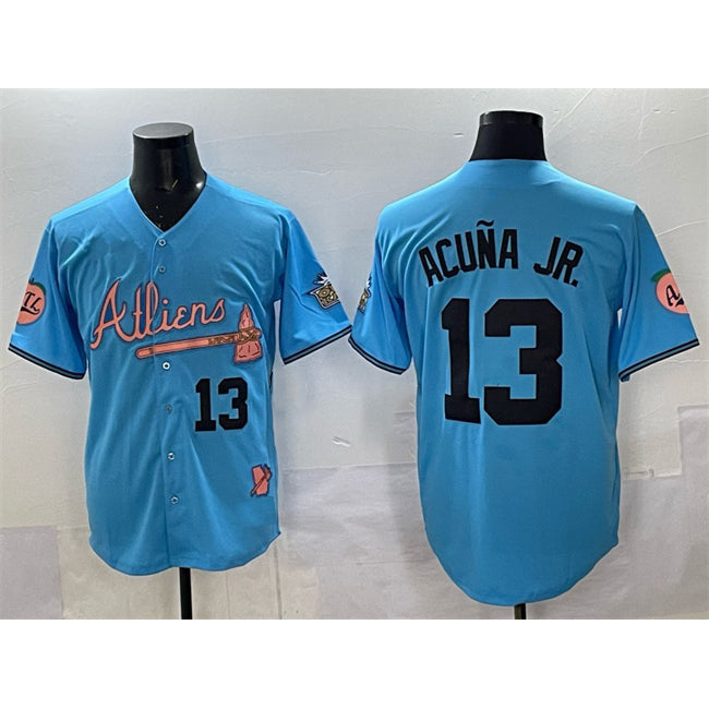 Rebec Atlanta Braves #13 Ronald Acuna Jr. Blue  2024 Atliens & Peach With Outkast Patch Vapor Limited Stitched Jersey
