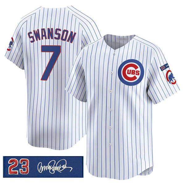 Rebec Chicago Cubs #7 Dansby Swanson White  Pinstripe 'Ryne Sandberg Tribute' Vapor Limited V3 Stitched Jersey