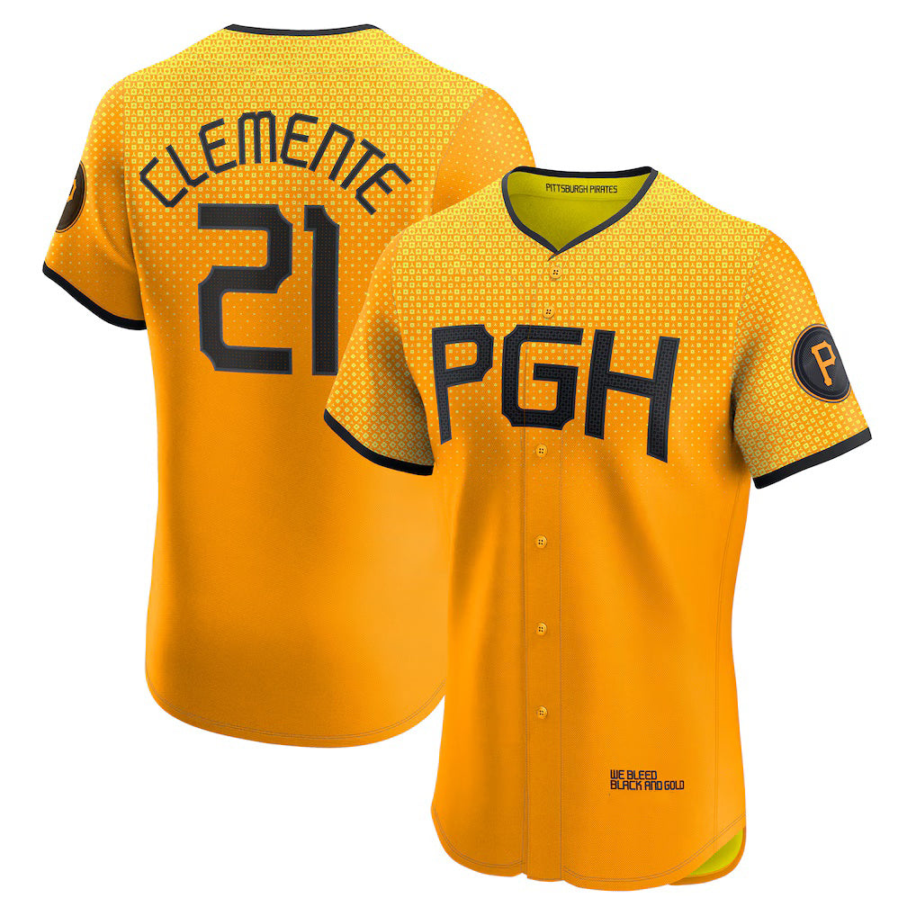 Rebec Pittsburgh Pirates #21 Roberto Clemente Gold  City Connect Elite Player Jersey