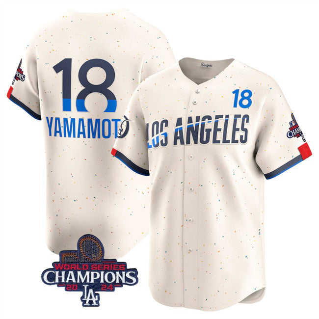 Rebec Los Angeles Dodgers #18 Yoshinobu Yamamoto Cream  2024 World Series Champions City Connect Limited Stitched Jersey