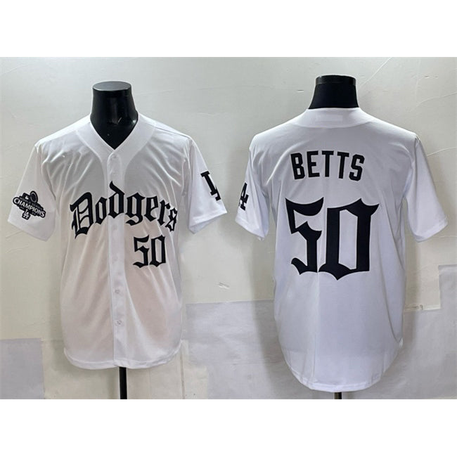 Rebec Los Angeles Dodgers #50 Mookie Betts White  2025 LA Gothic Style With 2024 World Series Champions Patch Vapor Premier Limited Stitched Jersey