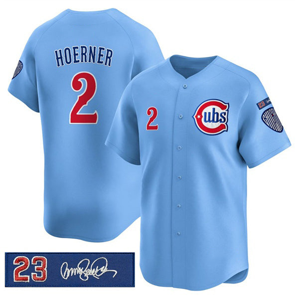 Rebec Chicago Cubs #2 Nico Hoerner Blue  'Ryne Sandberg Tribute' Vapor Limited V3 Stitched Jersey