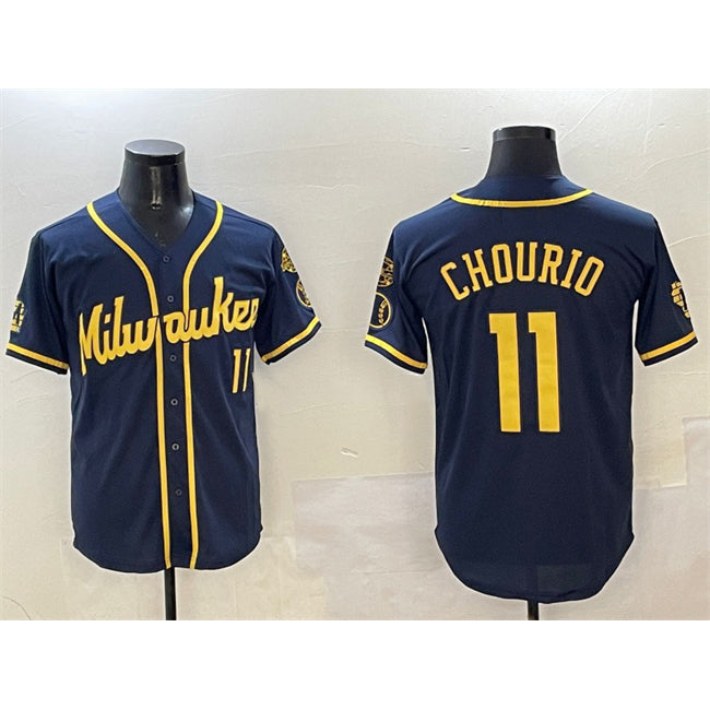Rebec Milwaukee Brewers #11 Jackson Chourio Navy  With Home Patch Limited Stitched Jersey