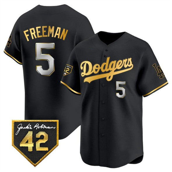 Rebec Los Angeles Dodgers #5 Freddie Freeman Black Gold  With Jackie Robinson Patch Limited Stitched Jersey