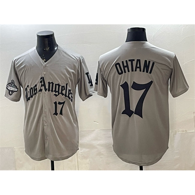 Rebec Los Angeles Dodgers #17 Shohei Ohtani Grey  LA Gothic Style With 2025 World Series Champions Patch Limited Stitched Jersey