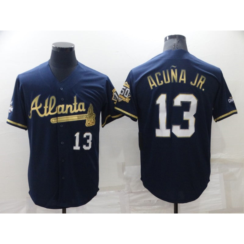 Rebec Atlanta Braves #13 Ronald Acuna Jr Navy Blue  2021 World Series Champions Golden Edition Stitched Cool Base Jersey