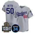 Rebec Los Angeles Dodgers #50 Mookie Betts Grey  2024 World Series With Fernando Memorial Patch Limited Stitched Jersey