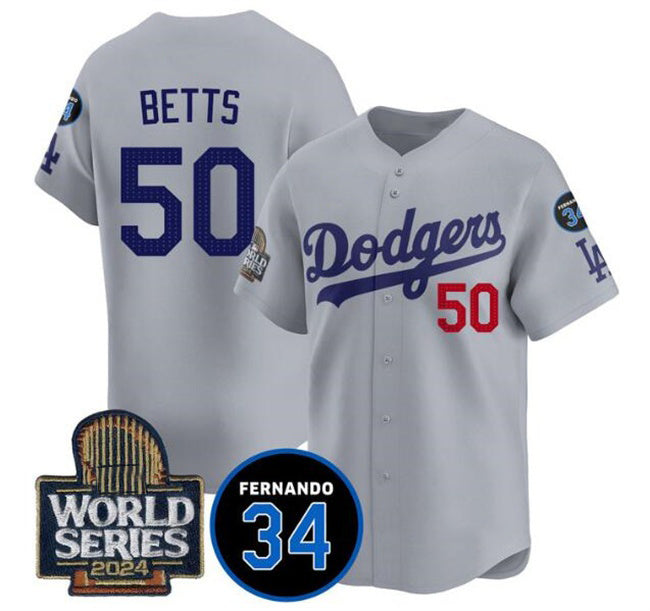 Rebec Los Angeles Dodgers #50 Mookie Betts Grey  2024 World Series With Fernando Memorial Patch Limited Stitched Jersey