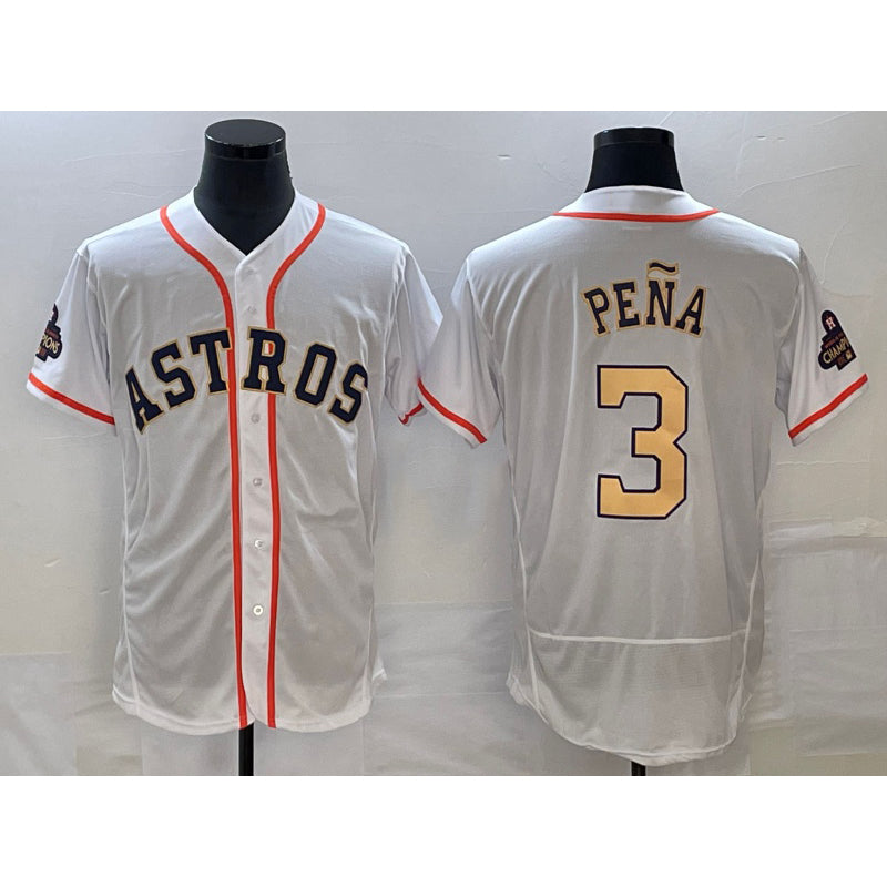 Rebec Houston Astros #3 Jeremy Pena 2023 White Gold  World Serise Champions Patch Flex Base Stitched Jersey