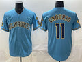 Rebec Milwaukee Brewers #11 Jackson Chourio Blue  With Home & Bob Uecker Patch Stitched Jersey