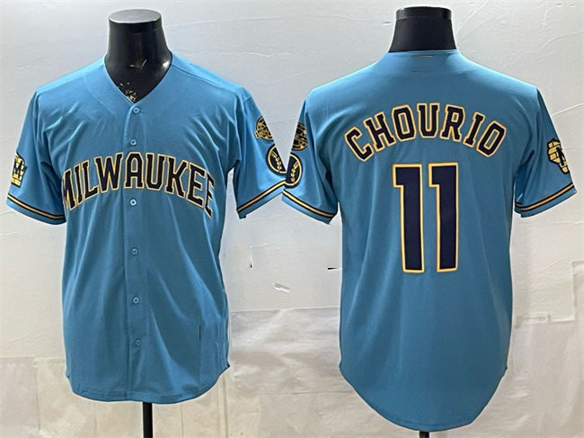 Rebec Milwaukee Brewers #11 Jackson Chourio Blue  With Home & Bob Uecker Patch Stitched Jersey