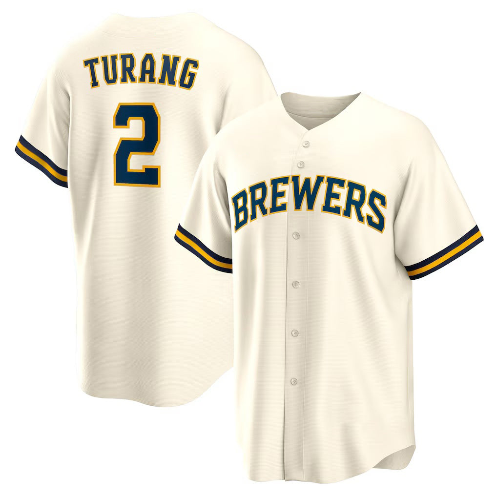 Rebec Milwaukee Brewers #2 Brice Turang Cream  Home Replica Jersey
