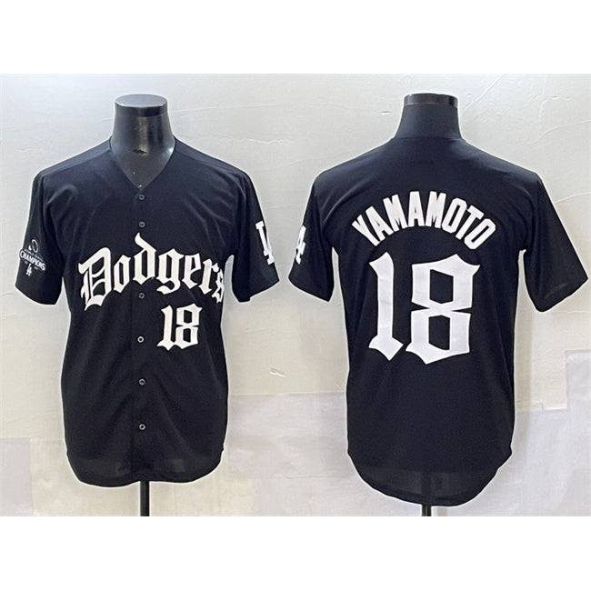 Rebec Los Angeles Dodgers #18 Yoshinobu Yamamoto Black  2025 LA Gothic Style With 2024 World Series Champions Patch Vapor Premier Limited Stitched Jersey