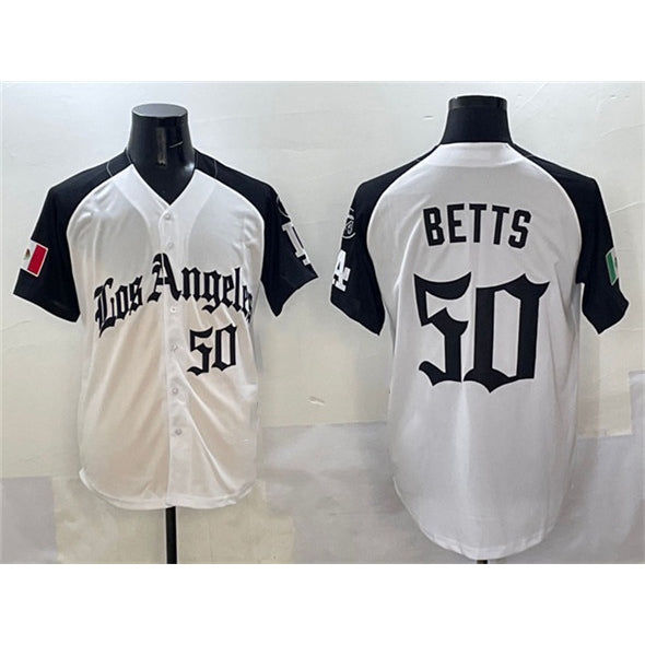 Rebec Los Angeles Dodgers #50 Mookie Betts White Black  Mexico 2025 LA Gothic Style With Fernando Patch Vapor Premier Limited Stitched Jersey