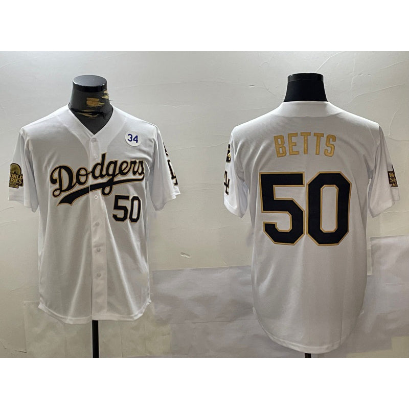Rebec Los Angeles Dodgers #50 Mookie Betts White Gold  2024 World Series With Fernando Memorial Patch Limited Stitched Jersey2