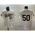 Rebec Los Angeles Dodgers #50 Mookie Betts White Gold  2024 World Series With Fernando Memorial Patch Limited Stitched Jersey2