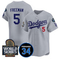 Rebec Los Angeles Dodgers #5 Freddie Freeman Grey  2024 World Series With Fernando Memorial Patch Limited Stitched Jersey
