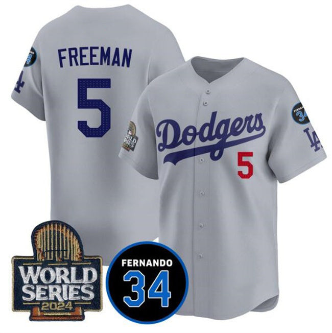 Rebec Los Angeles Dodgers #5 Freddie Freeman Grey  2024 World Series With Fernando Memorial Patch Limited Stitched Jersey