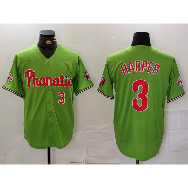 Rebec Philadelphia Phillies #3 Bryce Harper Number Green  With Patch Stitched Cool Base Jersey