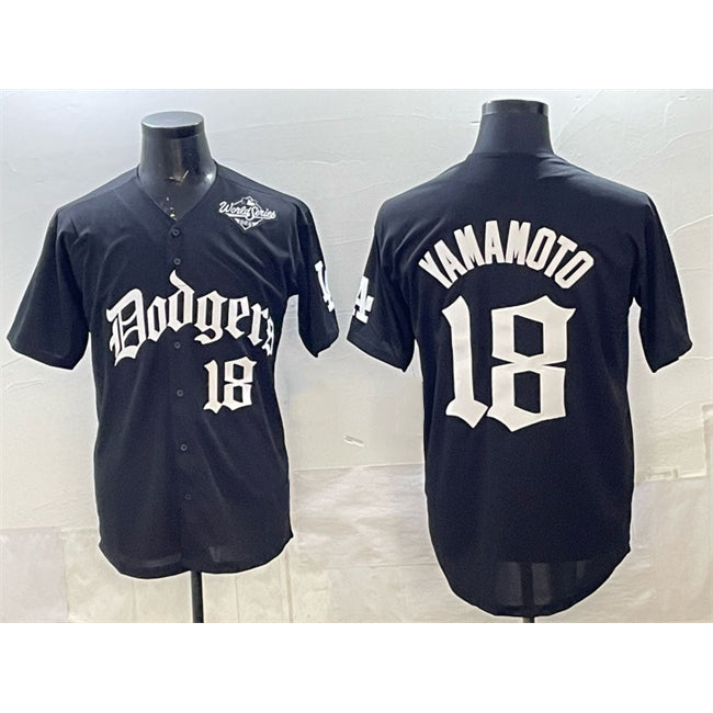 Rebec Los Angeles Dodgers #18 Yoshinobu Yamamoto Black  2025 LA Gothic Style With 2025 World Series Patch Vapor Premier Limited Stitched Jersey