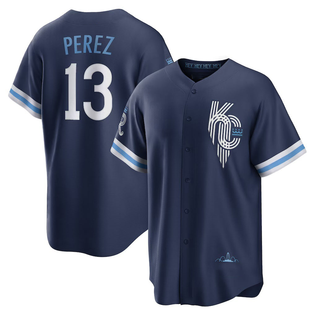 Rebec Kansas City Royals #13 Salvador Perez Navy  City Connect Replica Player Jersey