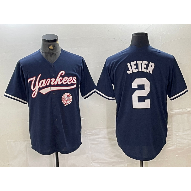 Rebec New York Yankees #2 Derek Jeter Navy  With Patch Cool Base Stitched Jersey