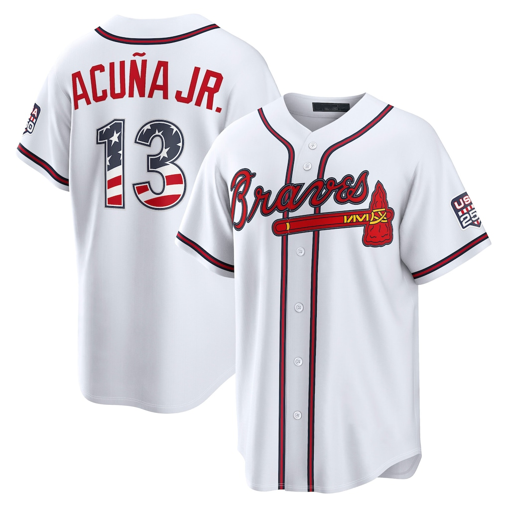 Rebec A.Braves #13 Ronald Acuña Jr. White USA 250 Fourth of July Home Stadium Jersey