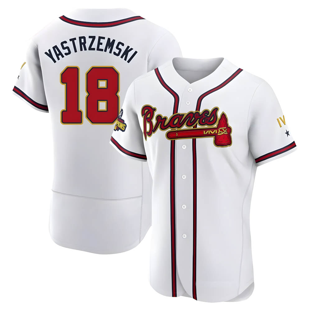 Rebec A.Braves #18 Mike Yastrzemski player Gold Authentic White Program Stitched Jerseys