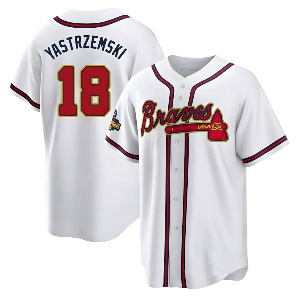 Rebec A.Braves #18 Mike Yastrzemski player Gold Replica White Program Stitched Jerseys