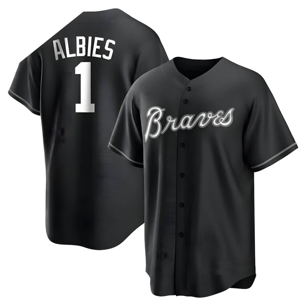Rebec A.Braves #1 Ozzie Albies Player Black&White Replica Stitched Jerseys