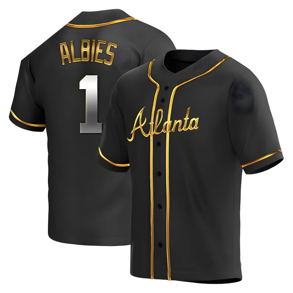 Rebec A.Braves #1 Ozzie Albies Player Gold Replica Black en Alternate Stitched Jerseys