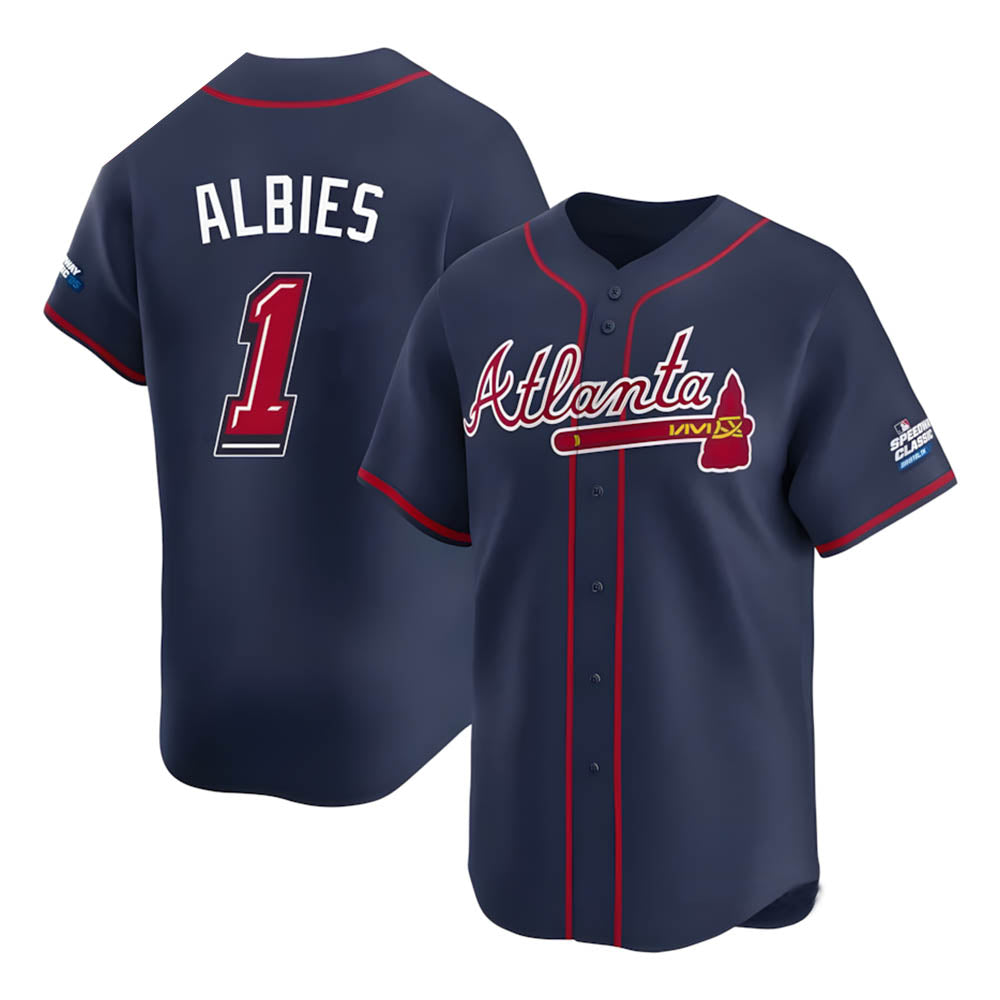 Rebec A.Braves #1 Ozzie Albies Player Navy Limited 2025 Speedway Classic Alternate Stitched Jerseys