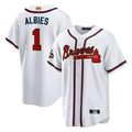 Rebec A.Braves #1 Ozzie Albies Player White World Series Gold Program Stitched Jerseys