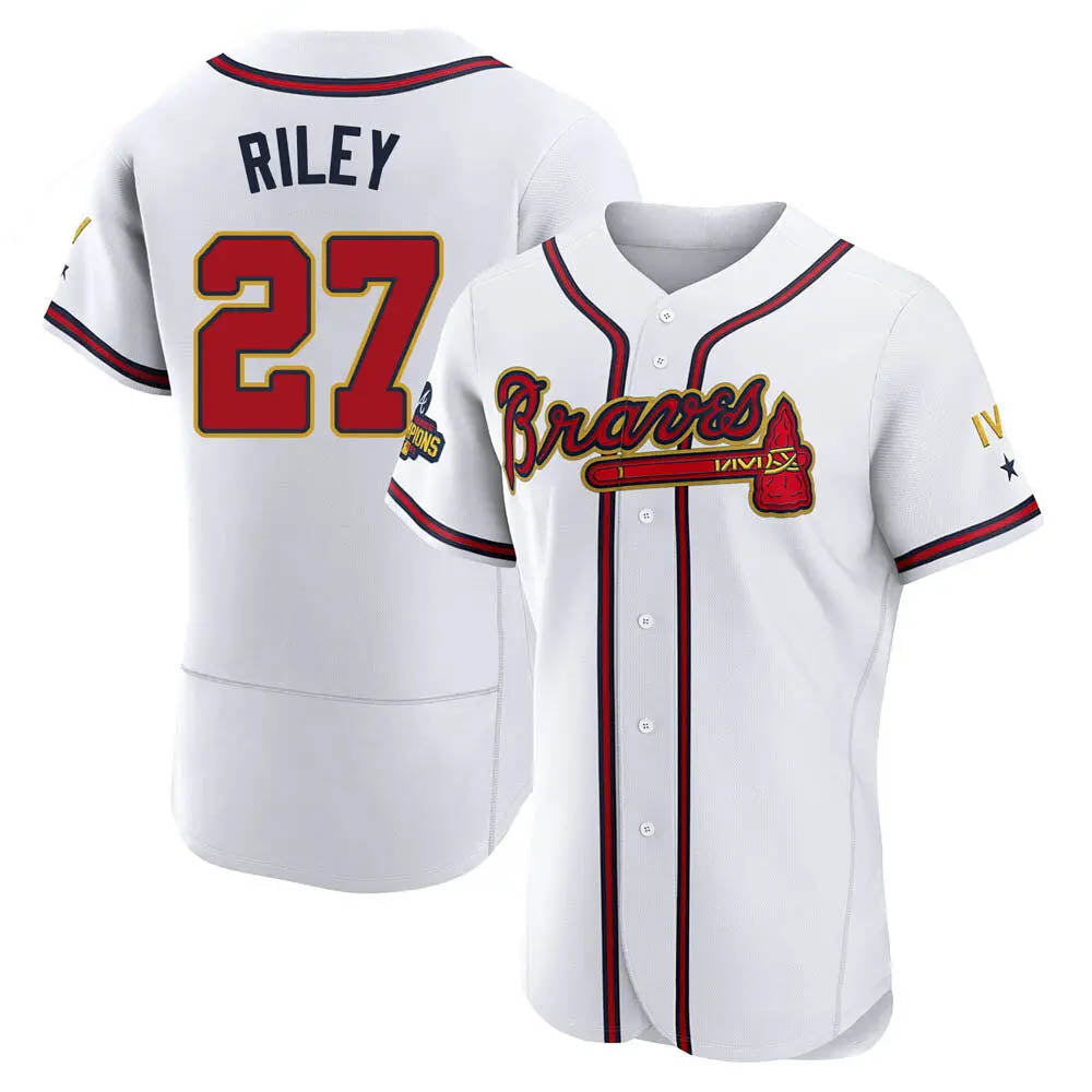 Broks A.Braves #27 Austin Riley Player White&Gold Authentic Program Stitched Jerseys