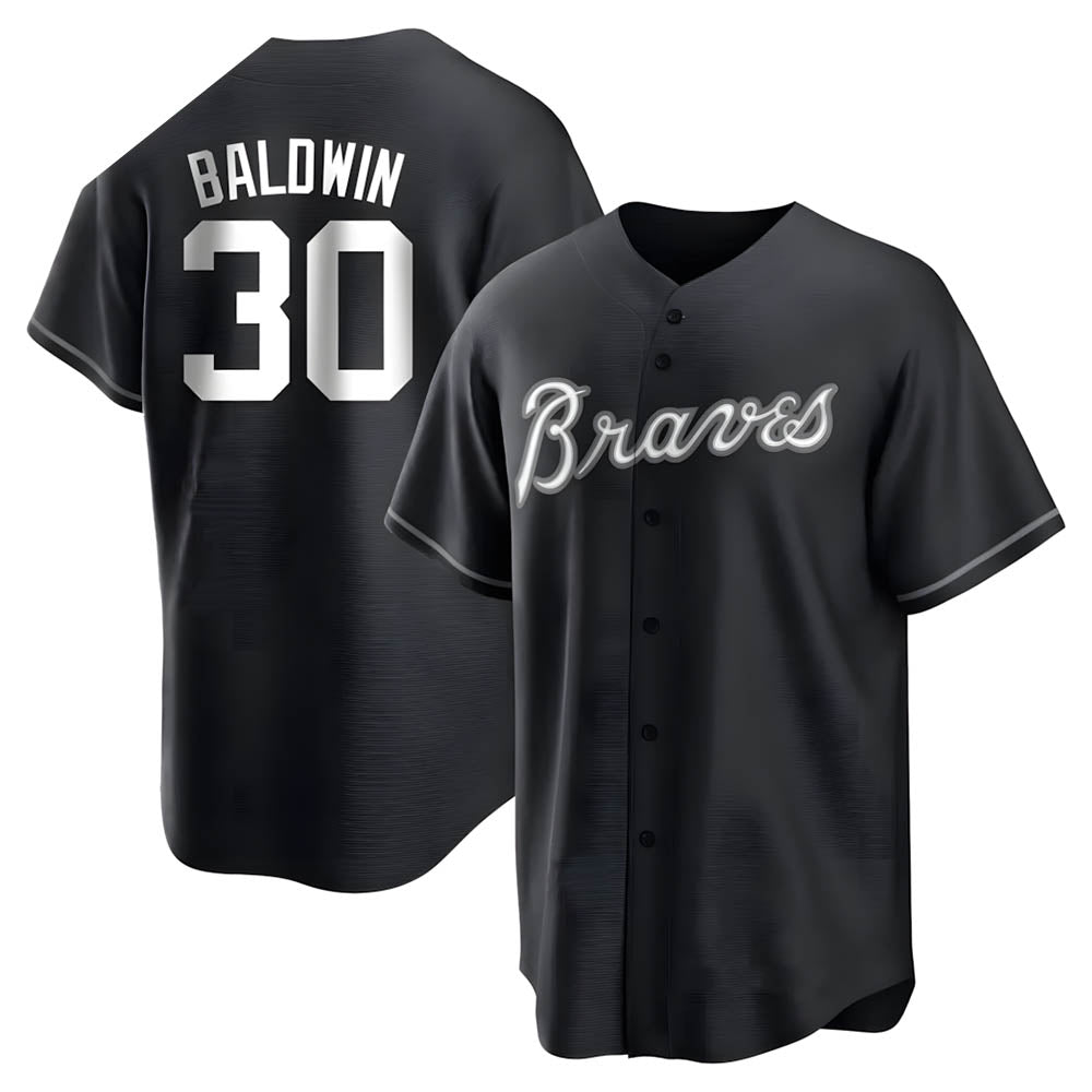 Rebec A.Braves #30 Drake Baldwin player Black&White Replica Stitched Jerseys
