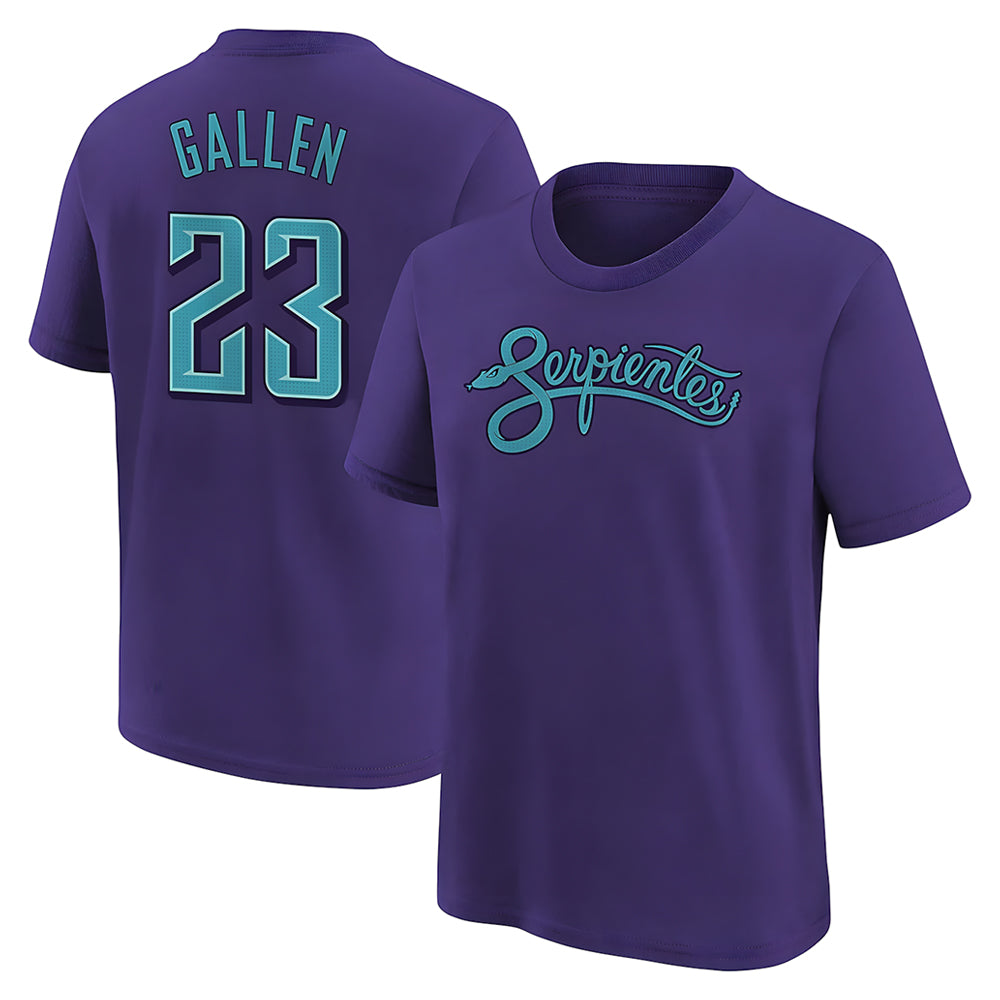 Rebec A.Diamondbacks #23 Zac Gallen Player Purple Fuse City Connect round collar T shirt Stitched Jerseys