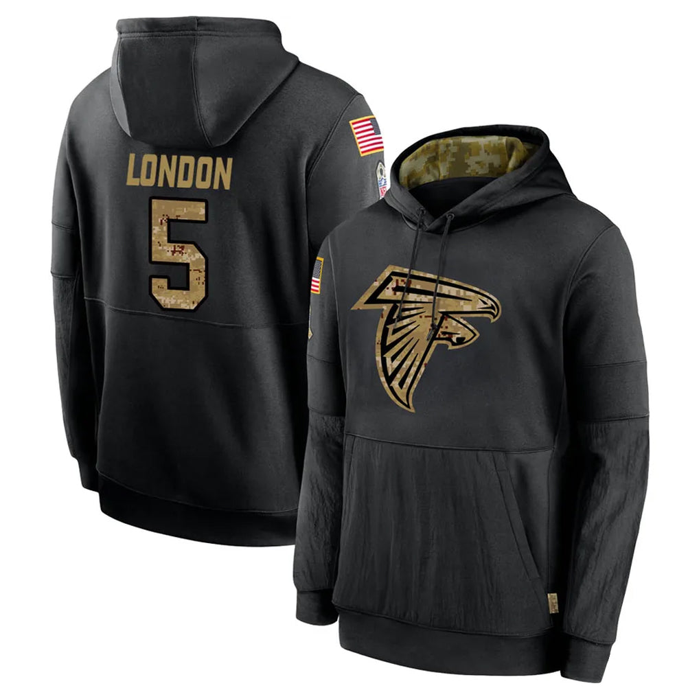 Rebec A.Falcons #5 Drake London Player Black Salute to Service Pullover Hoodies Stitched Jerseys