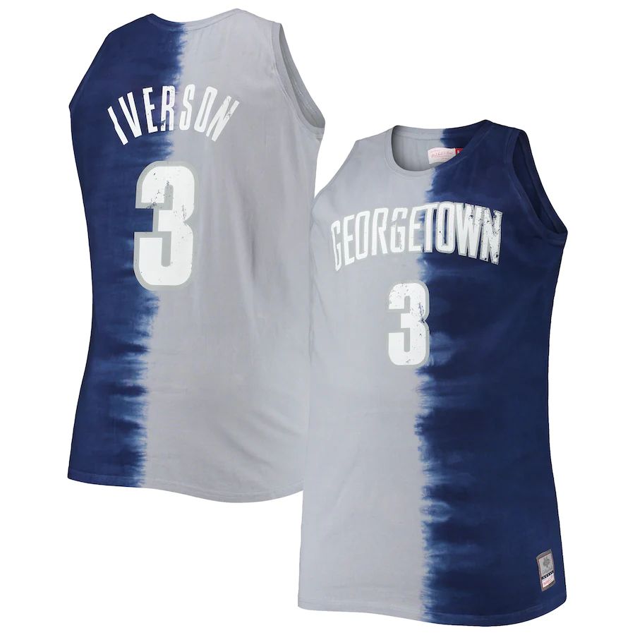 Rebec G.Hoyas #3 Allen Iverson Mitchell & Ness Big & Tall Player Tie-Dye Jersey Navy Gray Stitched American College Jerseys