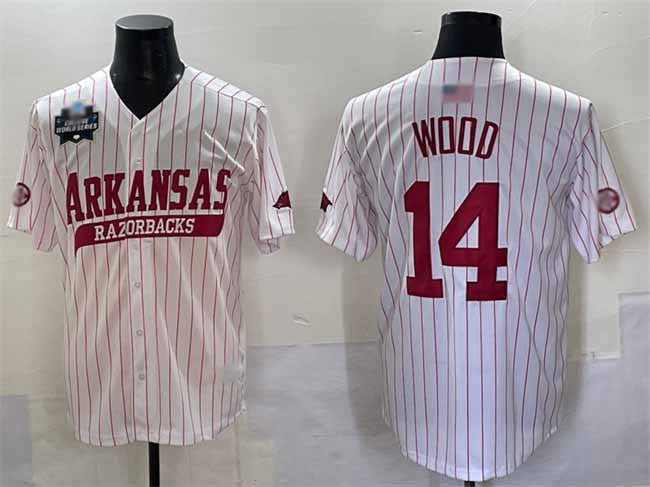 Rebec A.Razorbacks #14 Gage Wood White Pinstripe 2025 World Series Stitched American College Jerseys