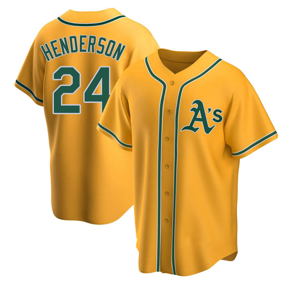 Rebec Athletics #24 Rickey Henderson Player Gold Replica Alternate Stitched Jersey