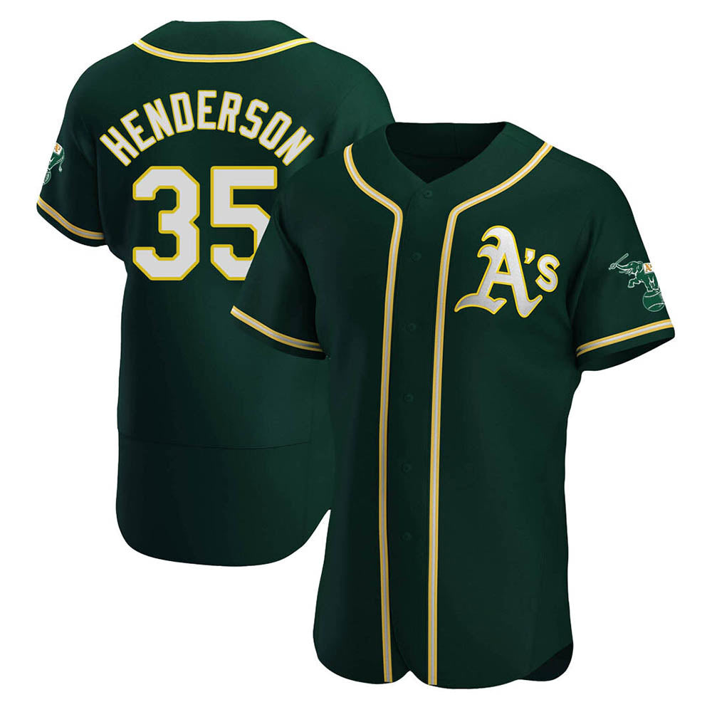 Rebec Athletics #35 Rickey Henderson Player Green Authentic Alternate Stitched Jersey