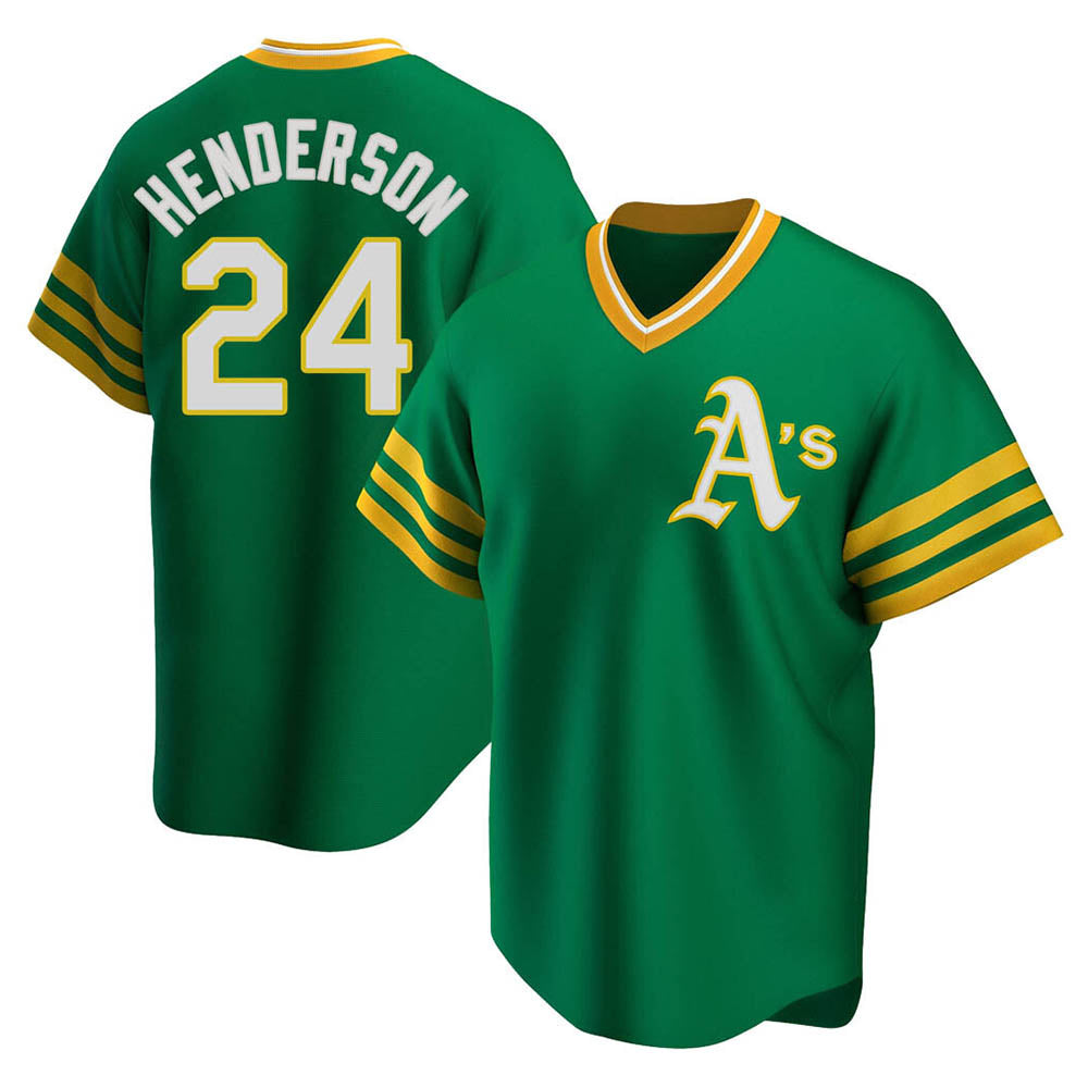 Rebec Athletics #24 Rickey Henderson Player Green Replica Cooperstown Collection T shirt Stitched Jersey