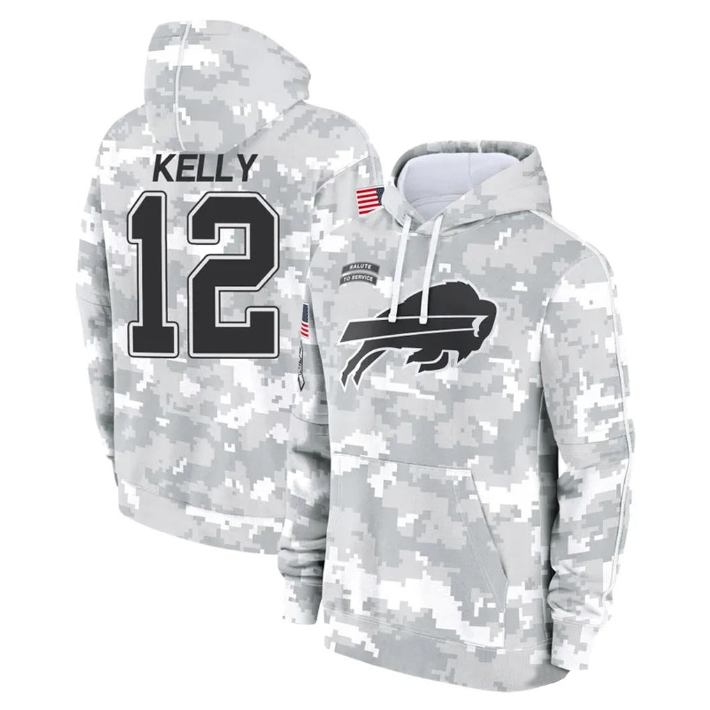Rebec B.Bills #12 Jim Kelly Player Arctic Camo Salute to Service Hoodies Limited Stitched Jerseys