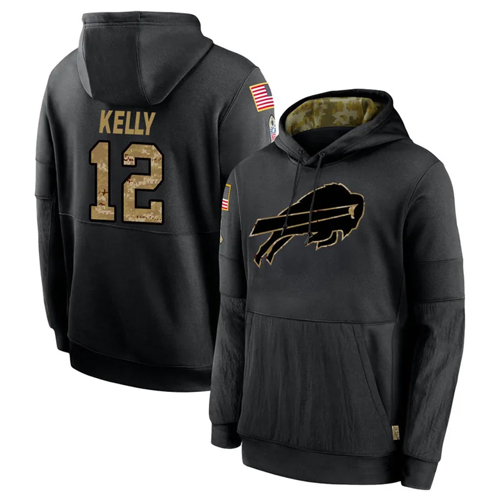 Rebec B.Bills #12 Jim Kelly Player Black Salute to Service Hoodies Hame Stitched Jerseys