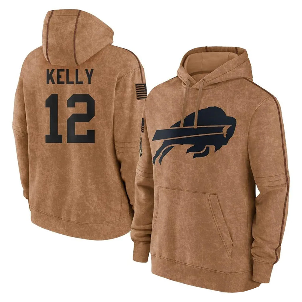 Rebec B.Bills #12 Jim Kelly Player Brown Salute to Service Hoodies Stitched Jerseys