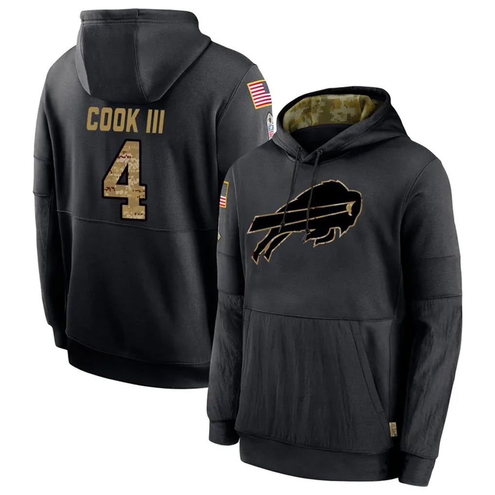 Rebec B.Bills #4 James Cook III Player Black Salute to Service Hoodies Hame Stitched Jerseys