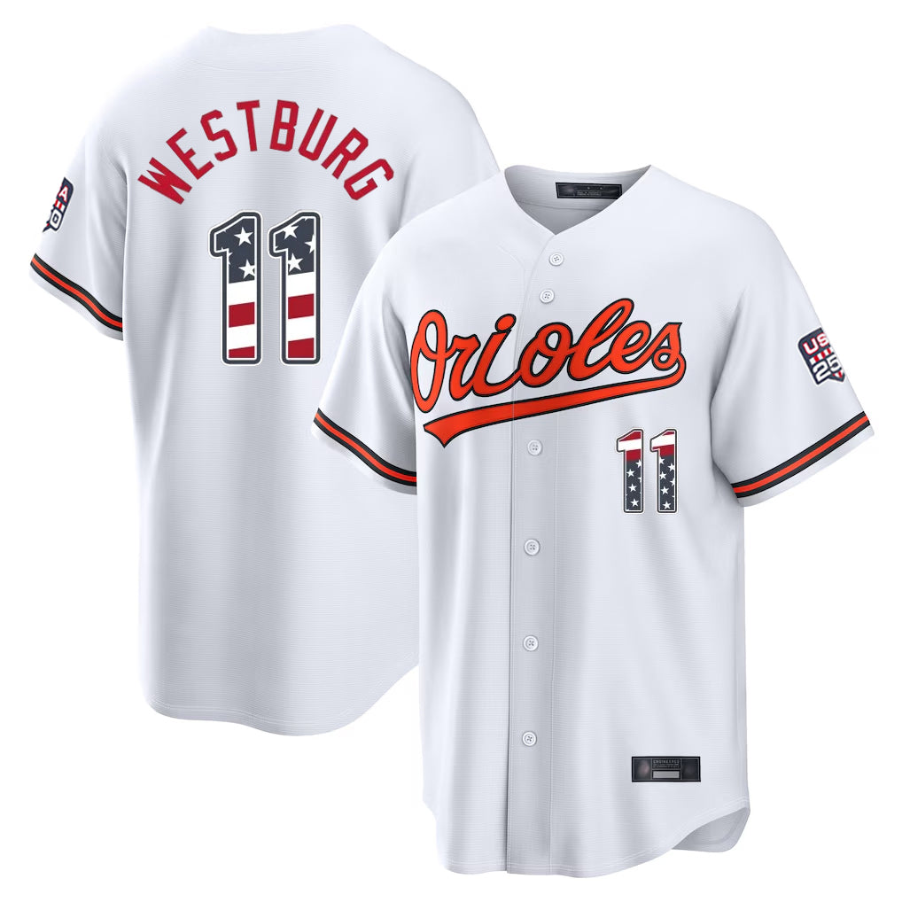 Rebec B.Orioles #11 Jordan Westburg Player White USA 250 Fourth of July Home Game Stitched Jerseys