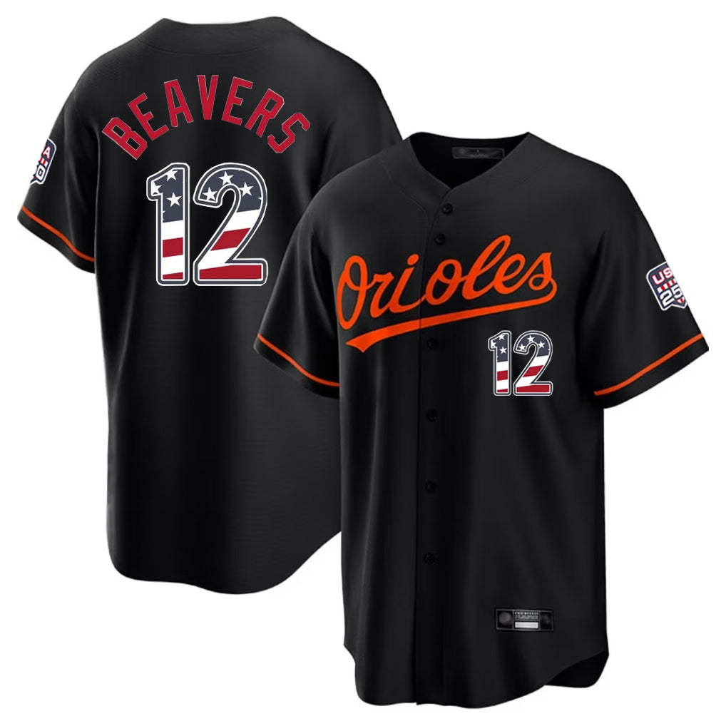 Rebec B.Orioles #12 Dylan Beavers Player Black USA 250 Fourth of July Home Game Stitched Jerseys