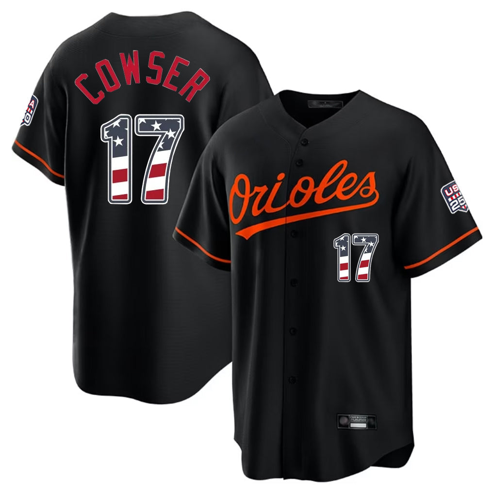 Rebec B.Orioles #17 Colton Cowser Player Black USA 250 Fourth of July Home Game Stitched Jerseys